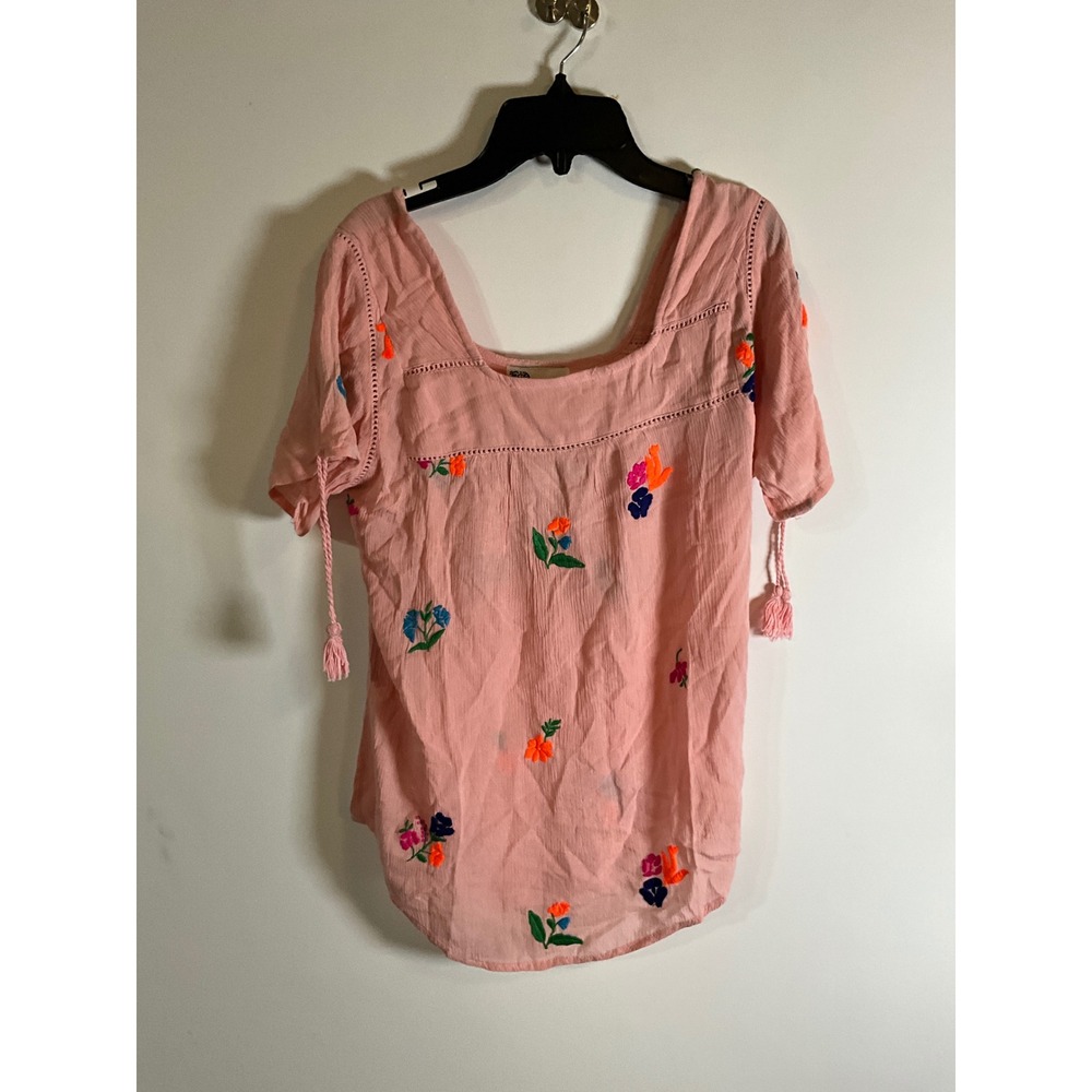 Magazine Pink Embroidered Floral Boho Blouse Tassel Sleeve Square Neck Small
